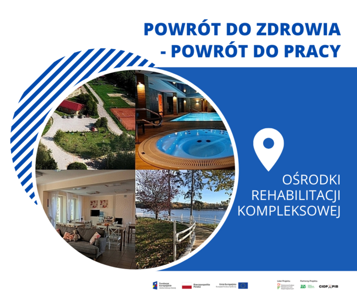 Pokaż zdjęcie: Na górze widnieje następujące sformułowanie: „Powrót do zdrowia – powrót do pracy”. Po lewej stronie widoczne jest koło prezentujące zdjęcia każdego z czterech Ośrodków Rehabilitacji Kompleksowej, które funkcjonują w ramach projektu. Po prawej stronie na niebieskim tle umieszczone zostało następujące sformułowanie: „Ośrodki Rehabilitacji Kompleksowej”. Na samym dole uwzględnione zostały logotypy: Funduszy Europejskich – Programu Wiedza Edukacja Rozwój, Rzeczpospolitej Polskiej, Unii Europejskiej – Europejskiego Funduszu Społecznego, Państwowego Funduszu Rehabilitacji Osób Niepełnosprawnych – Lidera Projektu oraz Zakładu Ubezpieczeń Społecznych i Centralnego Instytutu Ochrony Pracy – Państwowego Instytutu Badawczego, czyli Partnerów Projektu.