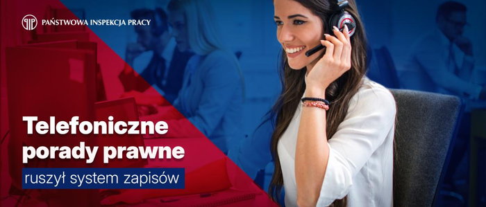 Pokaż zdjęcie: Grafika Państwowej Inspekcji Pracy z napisem „Telefoniczne porady prawne – ruszył system zapisów”. Po lewej czerwone tło z logiem PIP, po prawej uśmiechnięta kobieta z zestawem słuchawkowym.