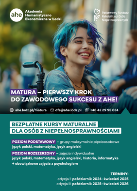 Pokaż zdjęcie: Na ulotce reklamowej zawarte są informacje dotyczące bezpłatnych kursów maturalnych dla osób z niepełnosprawnościami. 