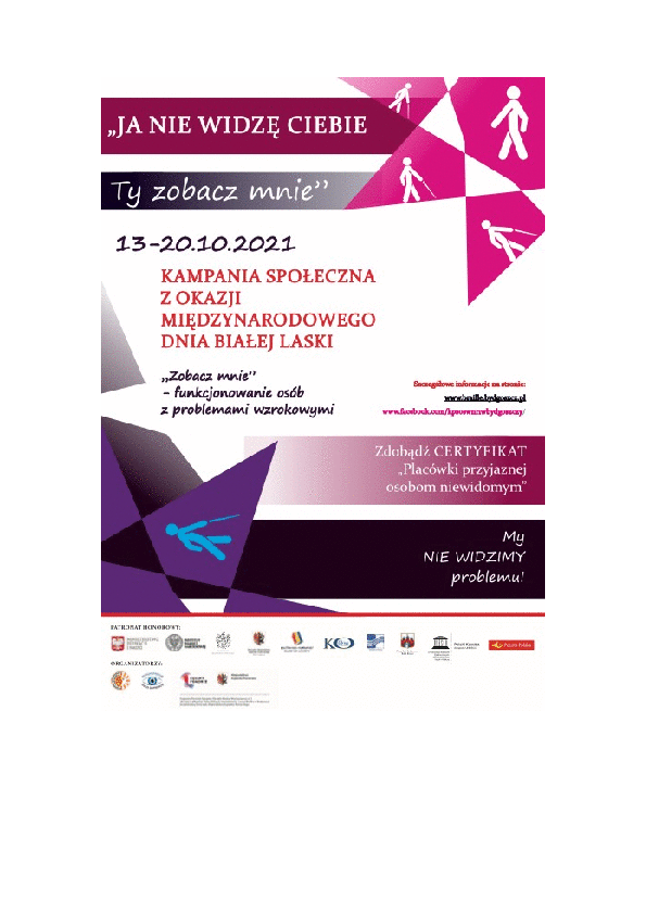 Pokaż zdjęcie: Plakat pt. "Ja nie widzę Ciebie, Ty zobacz mnie", hasła "Zobacz mnie"; "My nie widzimy problemu", logo patronów honorowych i organizatorów