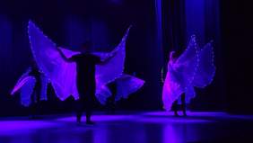 Pokaż zdjęcie: Pokaz tańca motyli w wykonaniu artystów. Na scenie artyści z dużymi skrzydłami biegają po scenie.