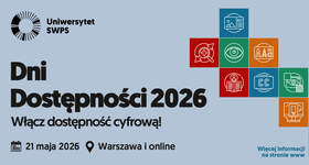 Plakat promujący wydarzenie „Dni Dostępności 2026” organizowane przez Uniwersytet SWPS. Po prawej stronie znajdują się kolorowe ikony związane z dostępnością napisy CC, oko, tekst, multimedia oraz kod QR z informacją o stronie www. Na dole widoczne są logotypy Funduszy Europejskich, Rzeczypospolitej Polskiej i Unii Europejskiej oraz informacja o współfinansowaniu projektu.