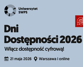 Plakat promujący wydarzenie „Dni Dostępności 2026” organizowane przez Uniwersytet SWPS. Po prawej stronie znajdują się kolorowe ikony związane z dostępnością napisy CC, oko, tekst, multimedia oraz kod QR z informacją o stronie www. Na dole widoczne są logotypy Funduszy Europejskich, Rzeczypospolitej Polskiej i Unii Europejskiej oraz informacja o współfinansowaniu projektu.