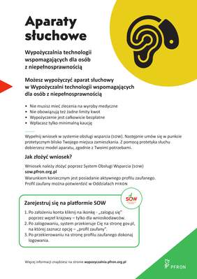 Pokaż zdjęcie: Plakat zawiera informacje o darmowym wypożyczeniu aparatów słuchowych z minimalną kaucją. Wniosek można złożyć przez System Obsługi Wsparcia (SOW). Szczegóły na stronie wypozyczalnia.pfron.org.pl.