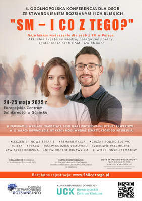 Pokaż zdjęcie: Zdjęcie kobiety i mężczyzny na tle rozmytego tłumu, data 24–25 maja 2025, miejsce: ECS w Gdańsku, hasła tematyczne, loga fundacji i partnerów, kod QR.