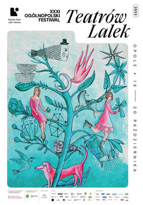 Plakat Festiwalu. Turkusowe drzewo. Na gałęziach różne postaci: kobiety, ryba, pies, księżyc, koń, tygrysotapir, ptak. Napis: 31 ogólnopolski festiwal teatrów lalek. Data festiwalu od 14 do 20 października 2023. Logotypy fundatorów, partnerów 
