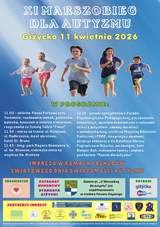 Plakat XI Marszobiegu dla Autyzmu w Giżycku (11 kwietnia 2026) z wizerunkiem biegnących dzieci i najważniejszymi informacjami o wydarzeniu.