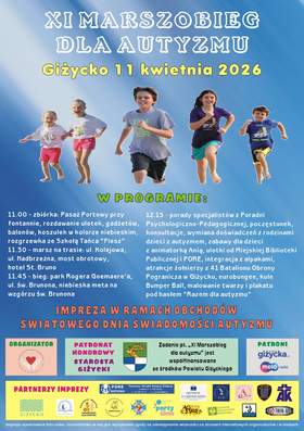 Plakat XI Marszobiegu dla Autyzmu w Giżycku (11 kwietnia 2026) z wizerunkiem biegnących dzieci i najważniejszymi informacjami o wydarzeniu.