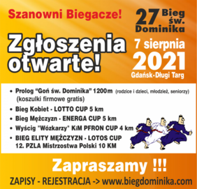 Pokaż zdjęcie: Ulotka na której napisano że zgłoszenia są już otwarte, bieg rozpocznie się 7 sierpnia 2021r, opisane są poszczególne kategorie, w ramach których można biegać. 