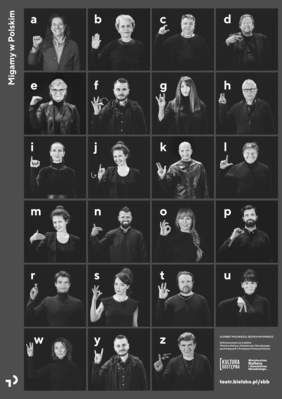 Pokaż zdjęcie: na czarnym tle w małych okienkach ludzie pokazują litery alfabetu w języku migowym