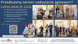 Granatowy plakat konkursu „Lodołamacze 2026” z informacją o przedłużeniu terminu zgłoszeń, zdjęciami z gali, kodem QR oraz logotypami organizatorów.