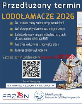 Granatowy plakat konkursu „Lodołamacze 2026” z informacją o przedłużeniu terminu zgłoszeń, zdjęciami z gali, kodem QR oraz logotypami organizatorów.