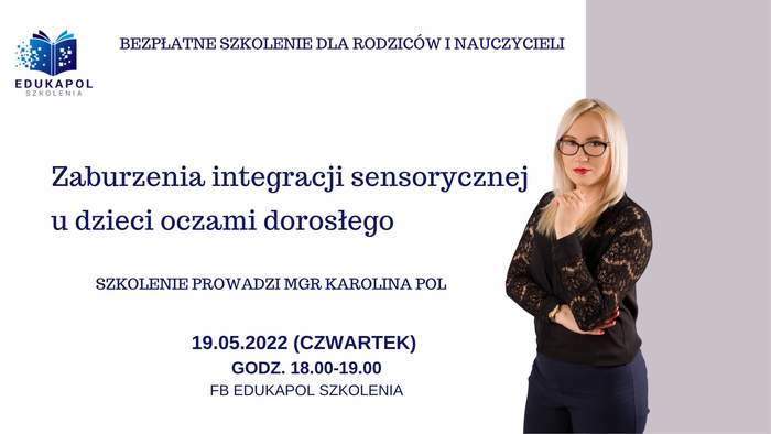 Pokaż zdjęcie: Po prawej stronie, na szarym tle widnieje zdjęcie kobiety w okularach, o blond włosach, ubranej w czarną bluzkę oraz granatowe spodnie. Na górze umieszczony został logotyp organizatora szkolenia oraz następujące sformułowanie: „Bezpłatne szkolenie dla rodziców i nauczycieli”. Poniżej zamieszczone zostały pozostałe informacje na temat szkolenia, które można znaleźć w treści niniejszej publikacji.