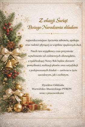 Pokaż zdjęcie: Kartka świąteczna w ciepłej, beżowo-złotej kolorystyce. Po lewej stronie pionowa dekoracja z gałązek świerku, szyszek, złotych bombek, dzwonków oraz kokard, u dołu ozdobne prezenty. Po prawej stronie tekst z życzeniami bożonarodzeniowymi i noworocznymi. Całość utrzymana w klasycznym, świątecznym stylu.