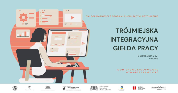 Pokaż zdjęcie: Na błękitnym tle grafika kobiety w ciemnych włosach i okularach, ubranej w ciemne spodnie i białą bluzkę bez ramiączek, siedzącej przed dużym monitorem na którym jest otwarte kilka okienek. Obok grafiki napisy: Dni Solidarności z Osobami Choruj