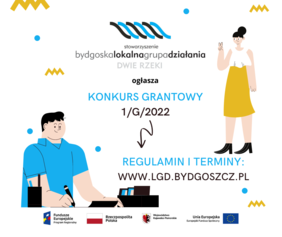 Plakat ogłaszający konkurs grantowy: przedstawia rysunek mężczyzny i kobiety, stojącej z uniesioną ręką, ze znakiem V, ponadto informacje kto organizuje, co  i link do regulaminu oraz terminów, całość w kolorach biało-czarno-żółto-niebieskich