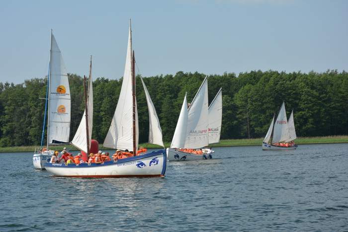 Pokaż zdjęcie: 5 żaglówek pływa po jeziorze. Załogi mają na sobie kapoki. W oddali widać trzciny i drzewa