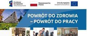 plakat promujący projekt "Kompleksowa rehabilitacja": napis "Powrót do zdrowia - powrót do pracy", obok zdjęcie wysokiego budynku - ośrodka rehabilitacyjnego, pod spodem 3 zdjęcia: domowej biblioteczki, sali komputerowej z kilkoma osobami przy komputerach oraz ostatnie; przedstawiające pokój dzienny, urządzony w kolorach pastelowych