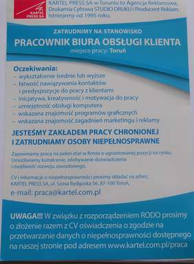 Oferta pracy na stanowisko"Pracownik biura obsługi klienta"