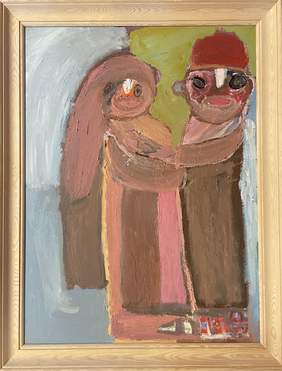 Pokaż zdjęcie: Abstrakcyjnie namalowani kobieta w długich włosach i mężczyzna stojący w objęciach. Obydwoje w odcieniach brązu i beżu. Tło w odcieniach zielono szarych.