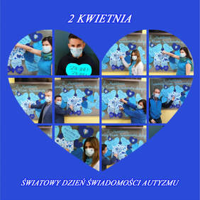 Pokaż zdjęcie: Kadra WTZ MADA - kolaż zdjęć, przedstawiający kadry przygotowującą dekorację z niebieskich serc