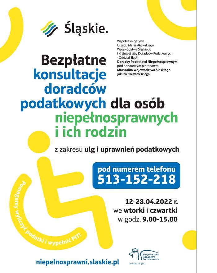 Pokaż zdjęcie: Grafika zawiera informacje tekstowe o akcji Doradcy Podatkowi Niepełnosprawnym. Tekst w kolorze czarnym, zielonym i niebieskim są na białym tle, w rogu z lewej strony jest przedstawiony znak osoby na wózku w kolorze żółtym.