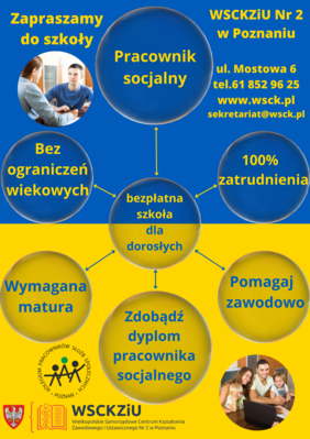 Pokaż zdjęcie: Plakat w języku polskim promujący bezpłatne kształcenie w zawodzie pracownik socjalny w Kolegium Pracowników Służb Społecznych w Poznaniu