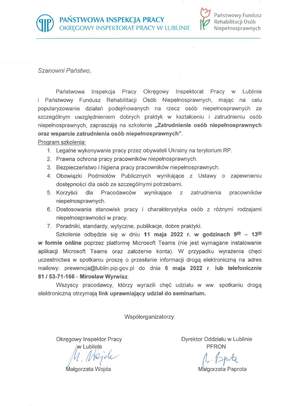 Pokaż zdjęcie: Państwowa Inspekcja Pracy Okręgowy Inspektorat Pracy w Lublinie i Państwowy Fundusz Rehabilitacji Osób Niepełnosprawnych, mając na celu popularyzowanie działań podejmowanych na rzecz osób niepełnosprawnych ze szczególnym uwzględnieniem dobrych