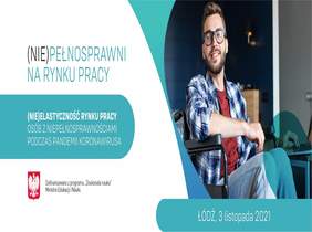 Pokaż zdjęcie: plakat z tłem w kolorze biało błękitnym na zdjęciu postać chłopaka poruszającego się na wózku inwalidzkim obok w tle laptop na którym pracuje . Na plakacie umieszczono informacje wskazane w komunikacie