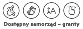 logo programu dostępny samorząd granty, 4 kółka w pierwszym symbol wózka inwalidzkiego, w drugim kółku ręce, w trzecim dwie drukowane litery AA, nad mniejszą strzałka w górę, w czwartym kółku palec wskazujący pismo braille'a