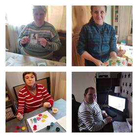 Pokaż zdjęcie: Uczestnicy Fundacji „Leonardo” podczas zajęć w domu. Kolaż czterech zdjęć. Na każdym zdjęciu są podopieczni w trakcie zajęć plastycznych lub zdalnych przy komputerze.