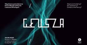 Pokaż zdjęcie: Grafika, na czarnym tle na środku duży, biały napis Głusza, w czterech rogach napisy dotyczące wystawy 