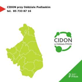 Pokaż zdjęcie: po prawej stronie zielony kontur mapki województwa podlaskiego nad nim napis Cidon przy oddziale Podlaskim tel. 85 7338716, po lewej stronie znaczek CIDON