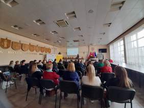 Pokaż zdjęcie: Zdjęcie z tyłu sali konferencyjnej w kierunku prelegenta.