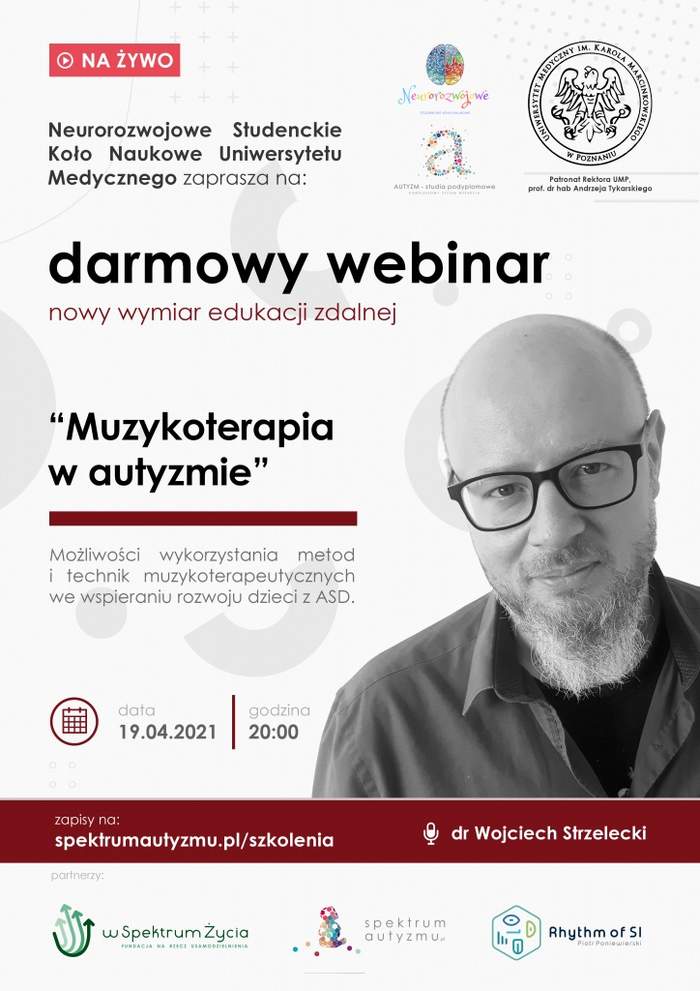 Pokaż zdjęcie: Plakat promujący bezpłatne webinarium pn. „Muzykoterapia w autyzmie”