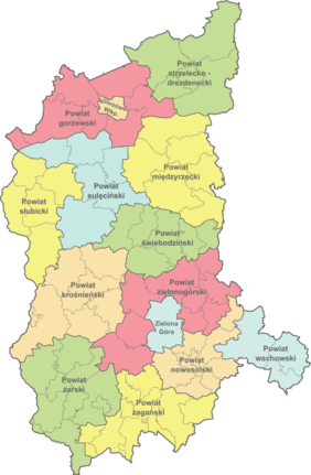 Pokaż zdjęcie: Kolorowa mapa województwa lubuskiego z podziałem na powiaty