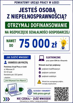 Zdjęcie jest infografiką informującą o możliwości otrzymania z Powiatowego Urzędu Pracy w Łodzi dofinansowania na rozpoczęcie działalności gospodarczej. 