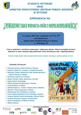 Pokaż zdjęcie: Informacje o organizatorach, herb powiatu bytowskiego, tytuł wydarzenia i termin,  opis formuły wydarzenia oraz wymienione stanowiska informacyjne. Po prawej na dole grafika na której znajdują się 4 osoby jedna na wózku, druga z kulami, trzecia bez nogi