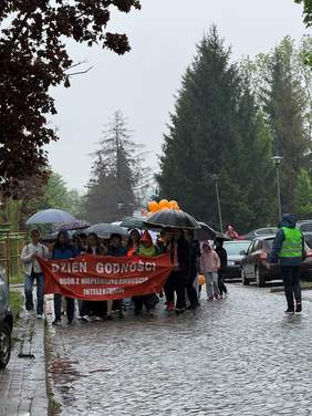 Pochmurny, deszczowy dzień. Na pierwszym planie mokra kostka brukowa. Grupa ludzi pod parasolami z transparentem dzień godności osób z niepełnosprawnością intelektualną. Za nimi kilka drzew.