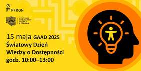 Pokaż zdjęcie: Zdjęcie jest infografiką. Po lewej stronie zamieszczone są informacje dotyczące konferencji: data i godzina. U góry znajduje się logo PFRON. Po prawej stronie jest rysunek głowy ludzkiej, w której jest ikona żarówki z postacią ludzką w środku. Tło infografiki jest pomarańczowe. 