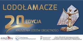 Pokaż zdjęcie: Grafika promująca XX edycję Kampanii Społecznej Lodołamacze 2025. Złoty napis: ,,Lodołamacze 20 edycja kruszenie lodów obojętności’’ oraz logo: FAZON, Polskiej Organizacji Pracodawców Osób Niepełnosprawnych i PFRON