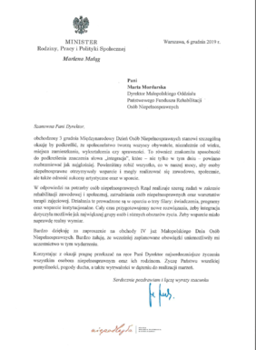 Pokaż zdjęcie: List od Marleny Maląg - Minister Rodziny, Pracy i Polityki Społecznej
