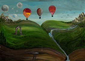 Pokaż zdjęcie: pejzaż w formie otwartej księgi z balonami w tle