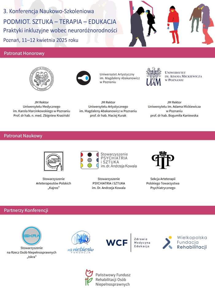Pokaż zdjęcie: Na górze: tytuł i data konferencji oraz graficzne przedstawienie kliku osób z pochyloną głową i z kapturem na głowie. Nieco niżej znajdują się informacje o patronacie honorowym, patronacie naukowym oraz o partnerach konferencji.