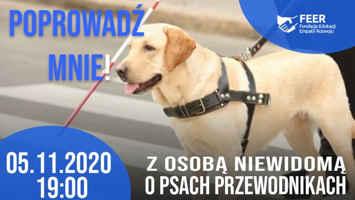 Pokaż zdjęcie: Na zdjęciu pies przewodnik oraz napis "Poprowadź mnie – porozmawiajmy o psach przewodnikach!"