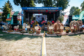 Pokaż zdjęcie: Na trawie przed sceną w lekkim półkolu ustawione są wieńce dożynkowe poszczególnych gmin, sołectw, kół gospodyń