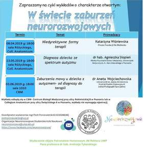 Pokaż zdjęcie: Plakat promujący wykłady otwarte na Uniwersytecie Medycznym w Poznaniu nt. wsparcia osób z zaburzeniami neurorozwojowymi 