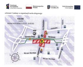 Mapa, przedstawiająca zamknięte ulice wokół siedziby Oddziału PFRON, w związku z przebudową