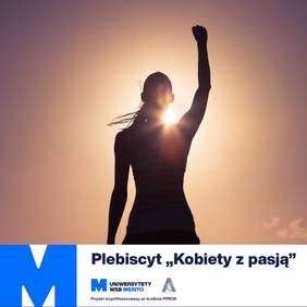 Pokaż zdjęcie: Zdjęcie jest infografiką. Kobieta stoi tyłem i ma uniesioną prawą rękę. Jej postać oświetla słońce. Na dole napisana jest nazwa plebiscytu i wymienieni są organizatorzy. 