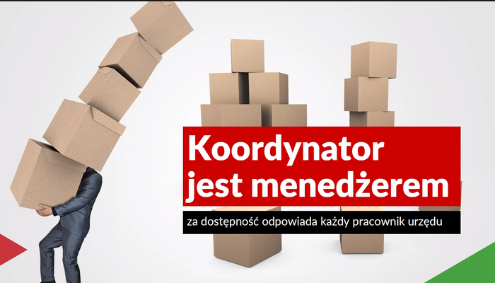 Duży biały napis na czerwonym tle: "Koordynator jest menedżerem, za dostępność odpowiada każdy pracownik urzędu". W tle zdjęcie mężczyzny uginającego się pod ciężarem wielu pudeł, które niesie